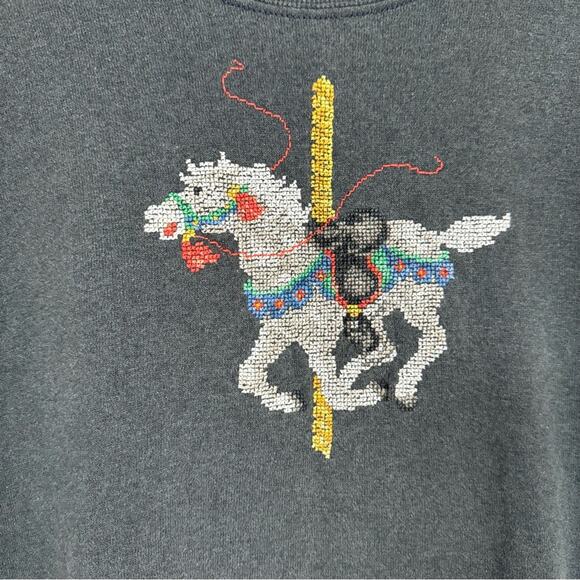 Vintage Grey Carousel Horse Embroidered Sweatshirt Womens L 90s Holiday Grandma - Picture 7 of 9